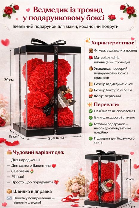 Ведмедик із троянд у подарунковому боксі