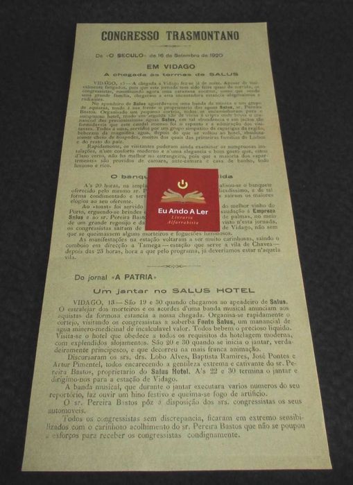Folheto Congresso Trasmontano em Vidago 1920 Termas Salus Raro
