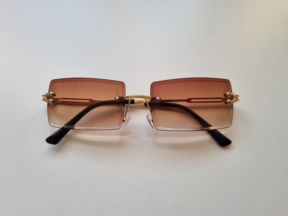 Okulary przeciwsłoneczne bezramkowe Y2K retro prostokątne vintage brązowe gradient