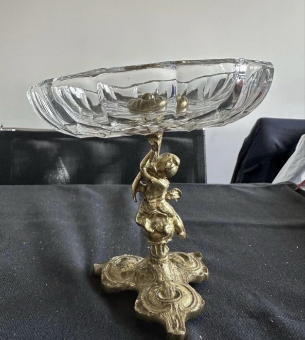 Patera miska na mosiężnej nodze kryształowa PRL antyk bardzo stara