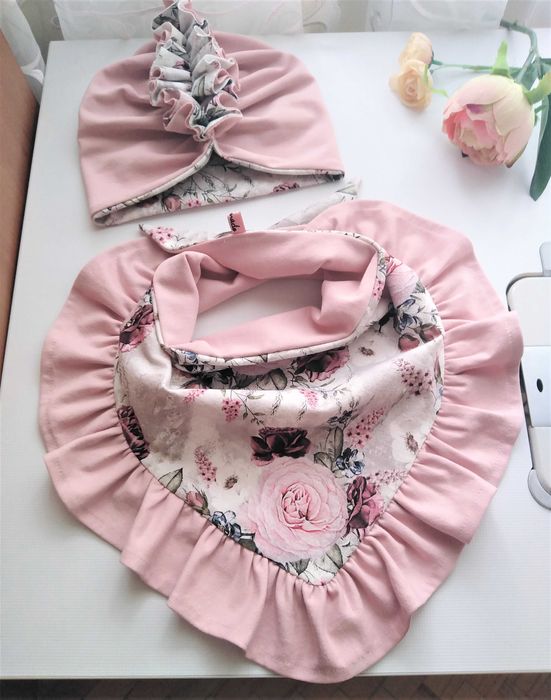 Komplet dla dziewczynki - czapka turban + chusta wiązana z falbaną