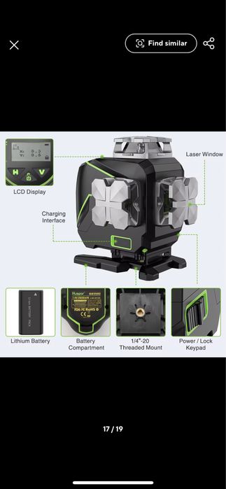 Laser 360° Huepar S04CG verde 2 linhas horizontais 2 linhas verticais