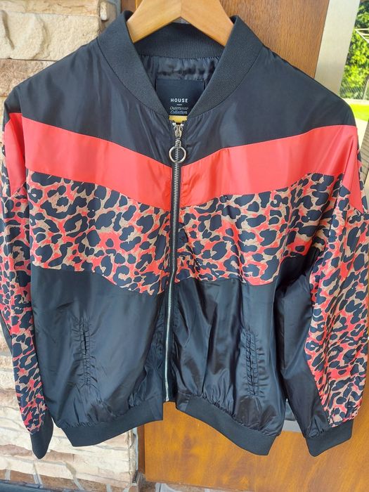 Kurtka bomber oversize M L czarna łososiowa/koralowa z panterką bomber
