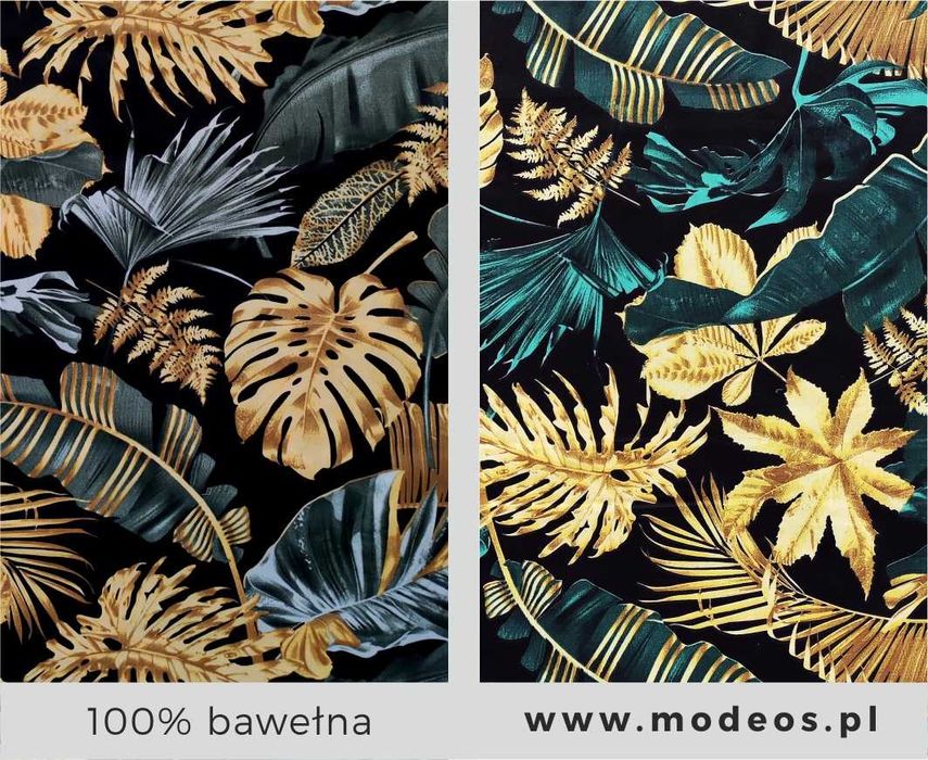 Tkanina 220cm liście monstera złote szmaragdowe 100% bawełna
