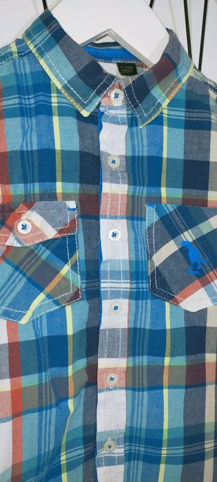 Koszula elegancka krótki rękaw kolorowa w kratę 92 98 niebieska zielon