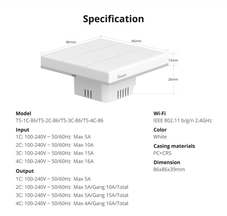 Sonoff T5-3C-86- 3-канальный вай-фай wi-fi/Bt выключатель