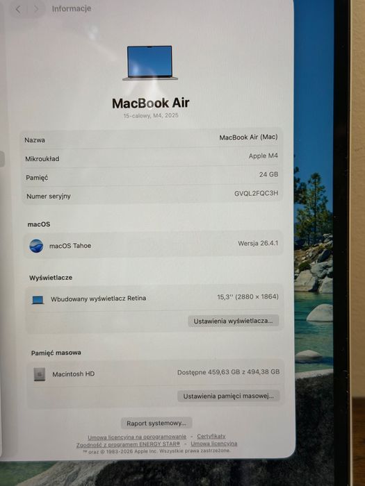NOWY MacBook Air 15” M4  | 24 GB RAM |  512GB SSD | Apple Care+