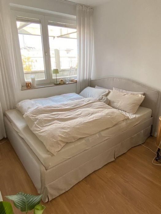 Piękne łóżko kontynentalne beżowe 160x200 stelaże materac stan idealny