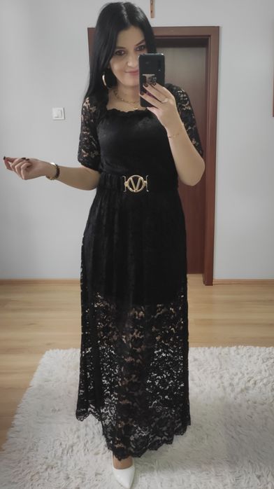 Sukienka długa maxi czarna koronka z paskiem