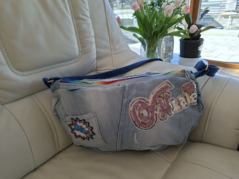Nowa torba z recykla jeans z naszywkami handmade