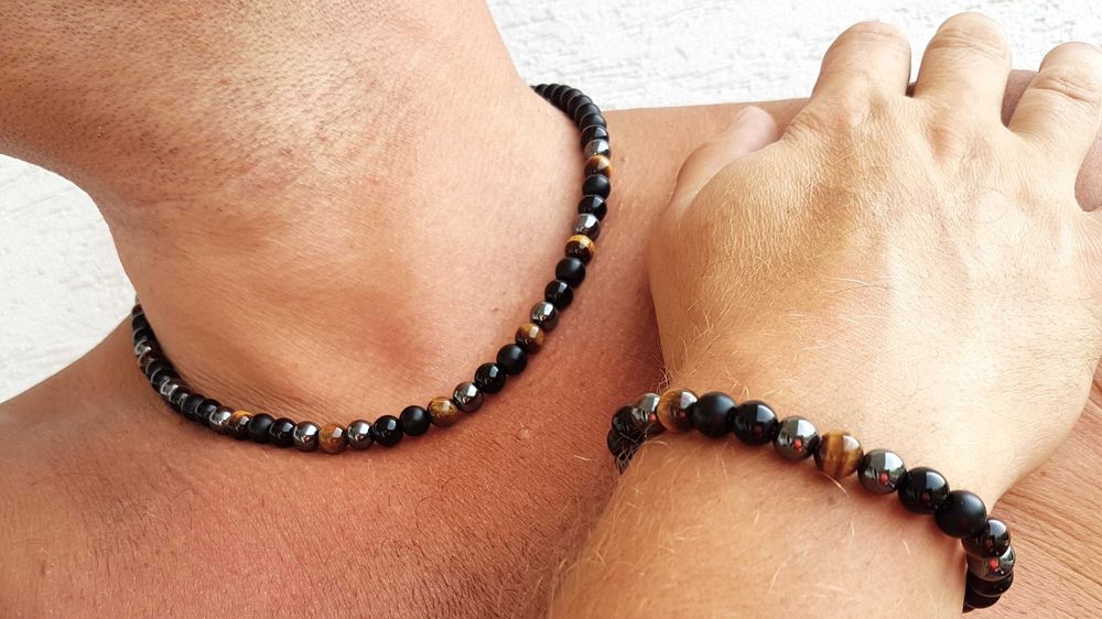 MĘSKI NASZYJNIK  I BRANSOLETKA komplet onyks tygrysie oko hematyt hit