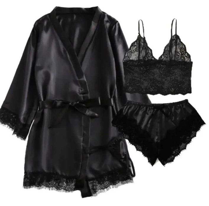 Шовковий халат для дому та мереживний топ з шортиками 42/44/46/48/50