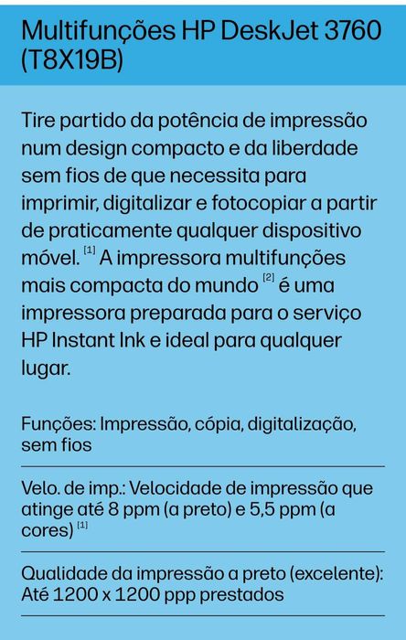 Impressora/Digitalizador HP DeskJet 3760 - Nova