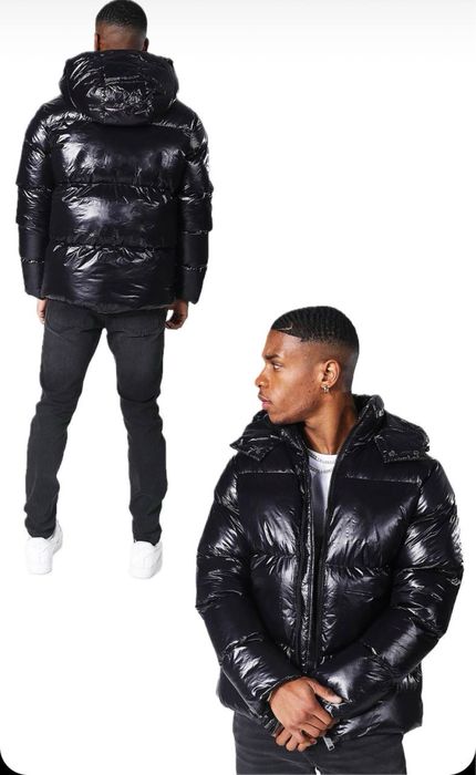 Мужской глянцевый дутый пуховик чёрный  Boohoo