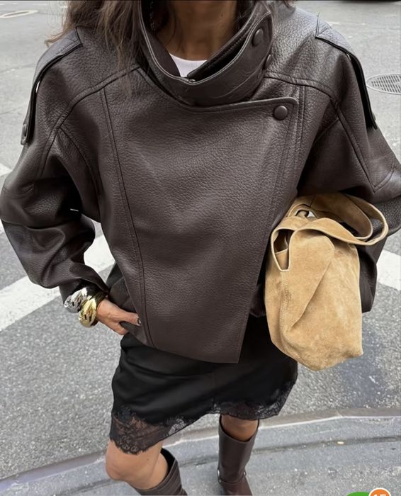 Куртка шкіряна zara шоколадна с,м,л коричнева  чорна оверсайз С