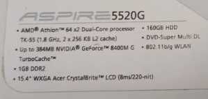 Ноутбук Acer Aspire 5520G_ICW50 на запчасти или восстановление