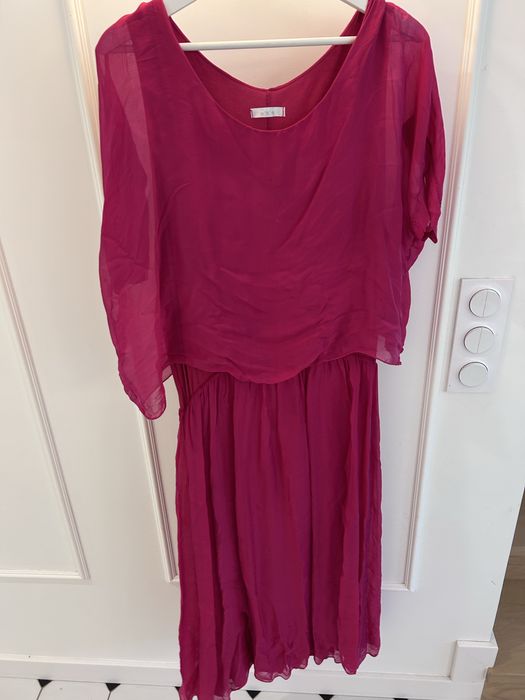 Sukienka suknia wesele długa elegancka wiskoza rżowa fuksja gładka 46 48 xxxl