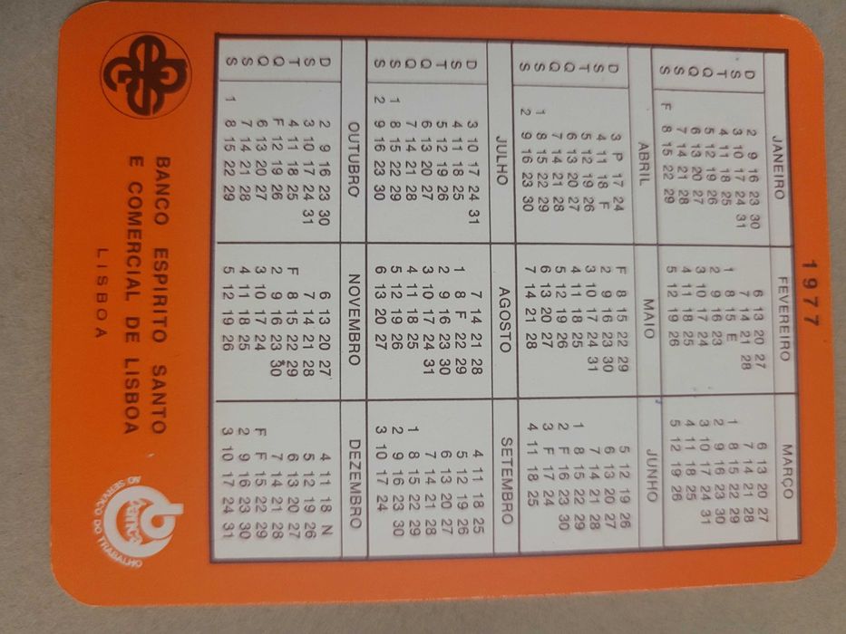 Calendário de Bolso do Banco Espírito Santo - 1977