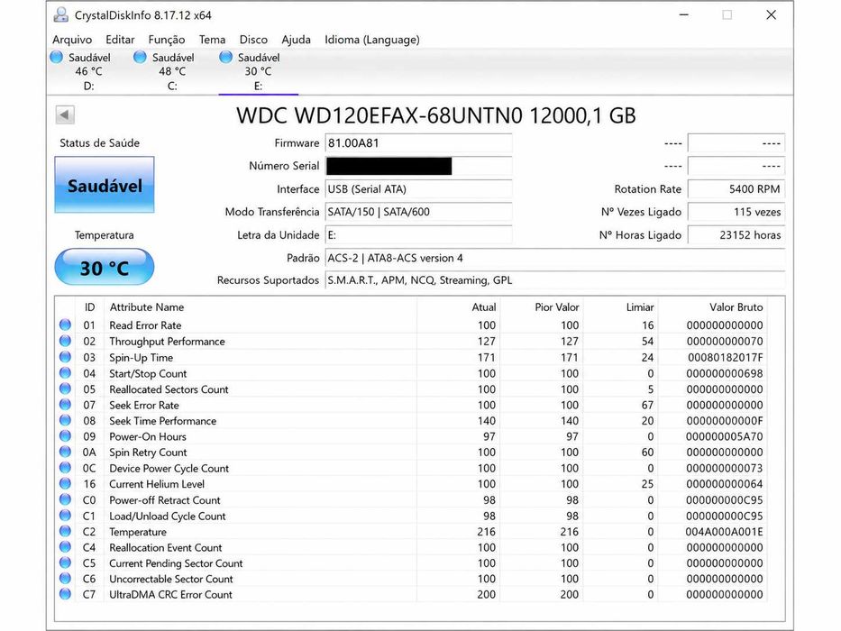 HDD Western Digital WD Red 12TB NAS 3,5” SATA — SMART saudável