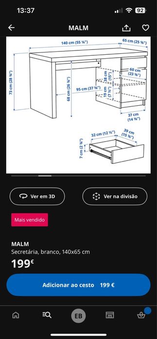 MALM secretária 140cm x 65cm