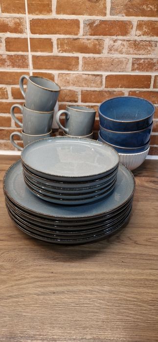 Serwis obiadowy, zestaw talerzy kubków porcelana niebieski Ambition
