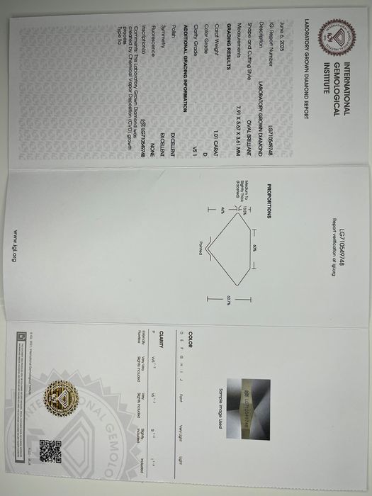Бриллиант 1.01 карат D/VS1 (lab grown CVD)