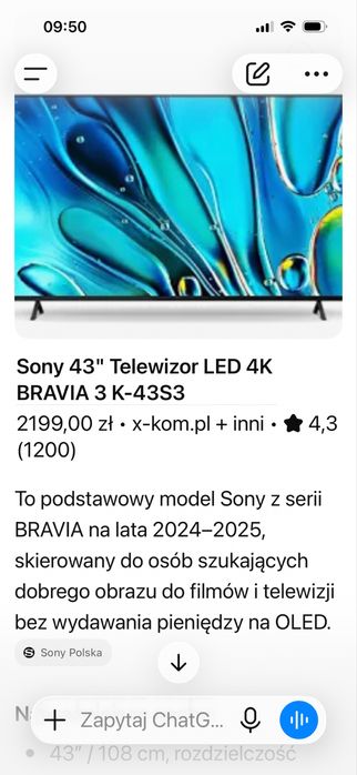 Nowiutki TV SONY BRAVIA 3.  43cale
