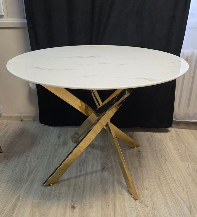 Stol szklany marmur ze złotymi nogami 100cm