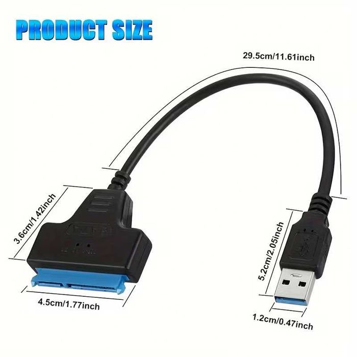 Кабель-адаптер USB 3.0–SATA III для 2,5″ HDD/SSD, черный, UASP, Plug & Play, передача данных и расширение хранилища.