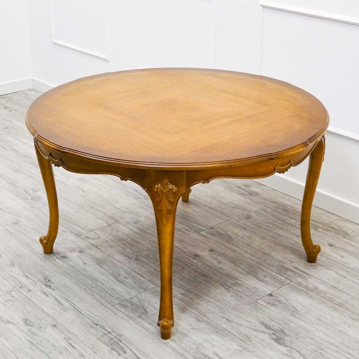 Drewniana ŁAWA francuska LUDWIK okrągła Ława BLAT DEKOR orzech lata 60