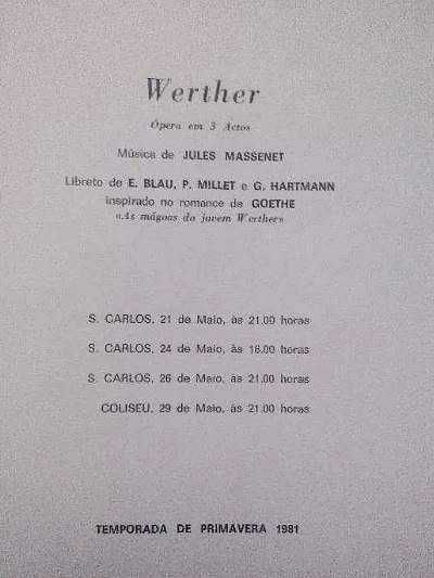 Programa Teatro Nacional de S. Carlos - Werther - 1981