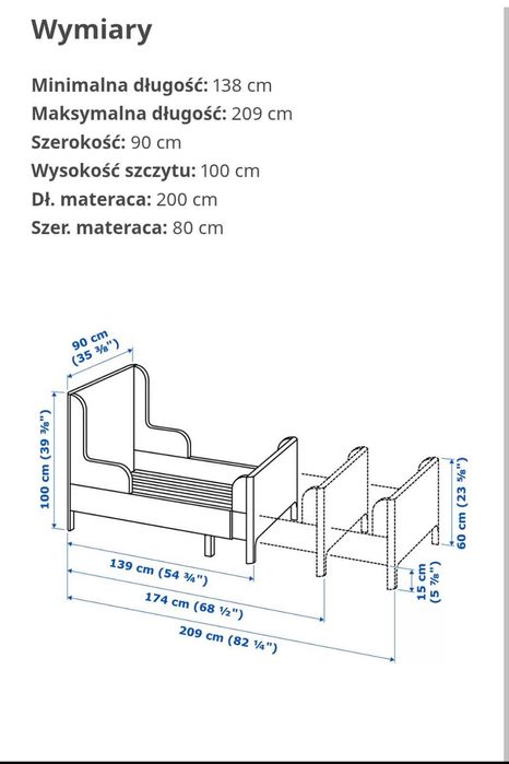 Łóżko Ikea busunge 80x200 rozsuwane stan idealny z materacem tanio
