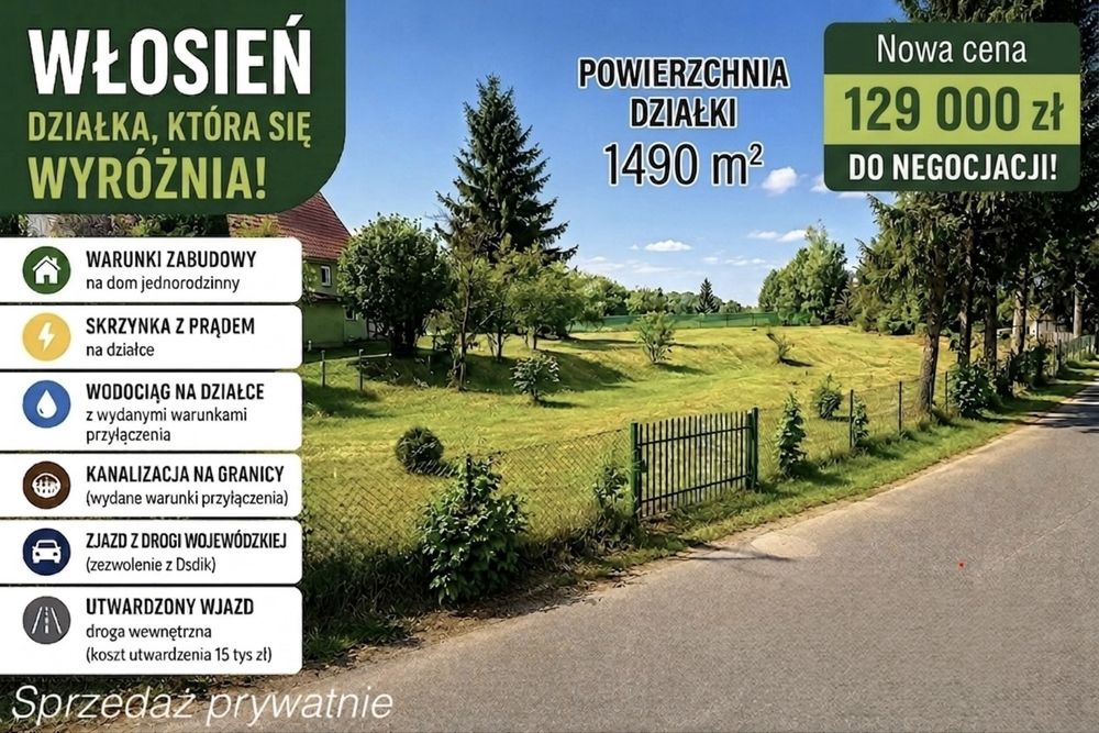 [NOWA NIŻSZA CENA] Działka budowlana 1490 m2 Włosień / Media / WZ