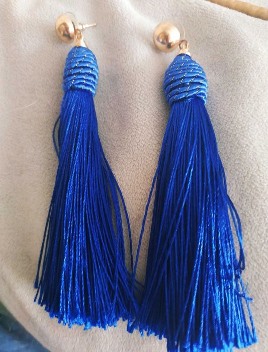 Kolczyki wiszące długie frędzle chwosty indygo szafirowe 11 cm
