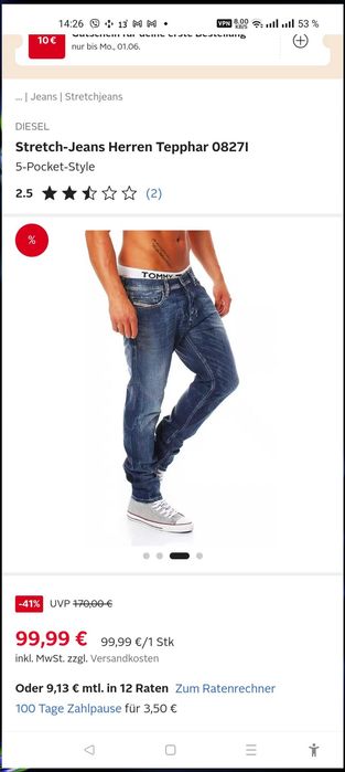 Джинсы Diesel Tepphar jeans Italy w31, w32 stretch navy.