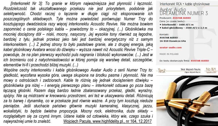 Kabel głośnikowy Avatar Audio DREAMLINK Nr 3 bi-wire stara wersja -30%