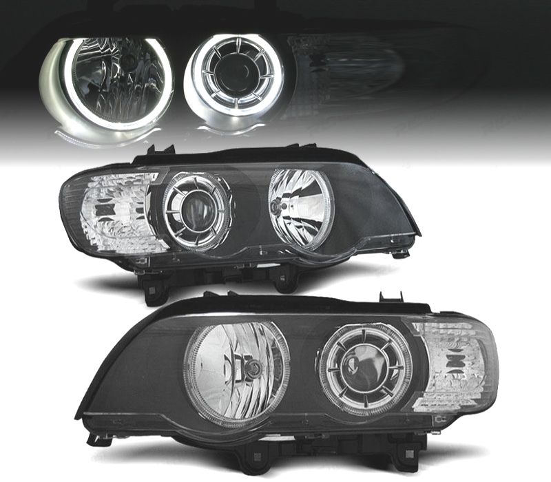 FARÓIS ANGEL EYES LED BMW X5 E53 00-03 FUNDO PRETO
