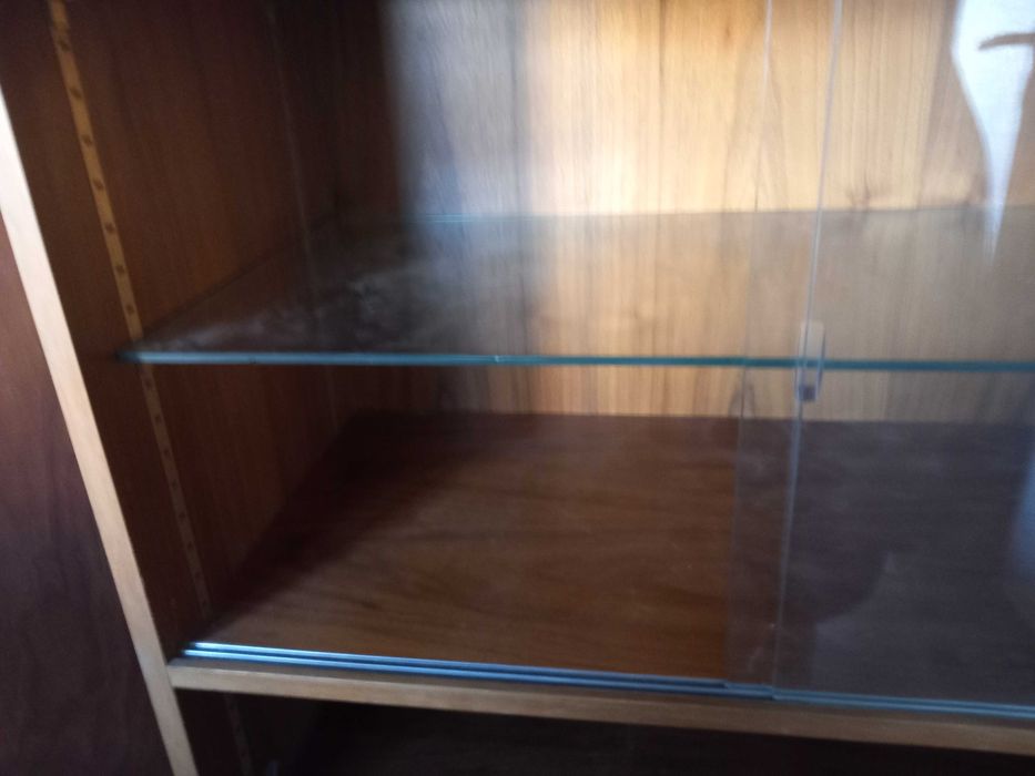 Estante com janela de vidro e armario de portas