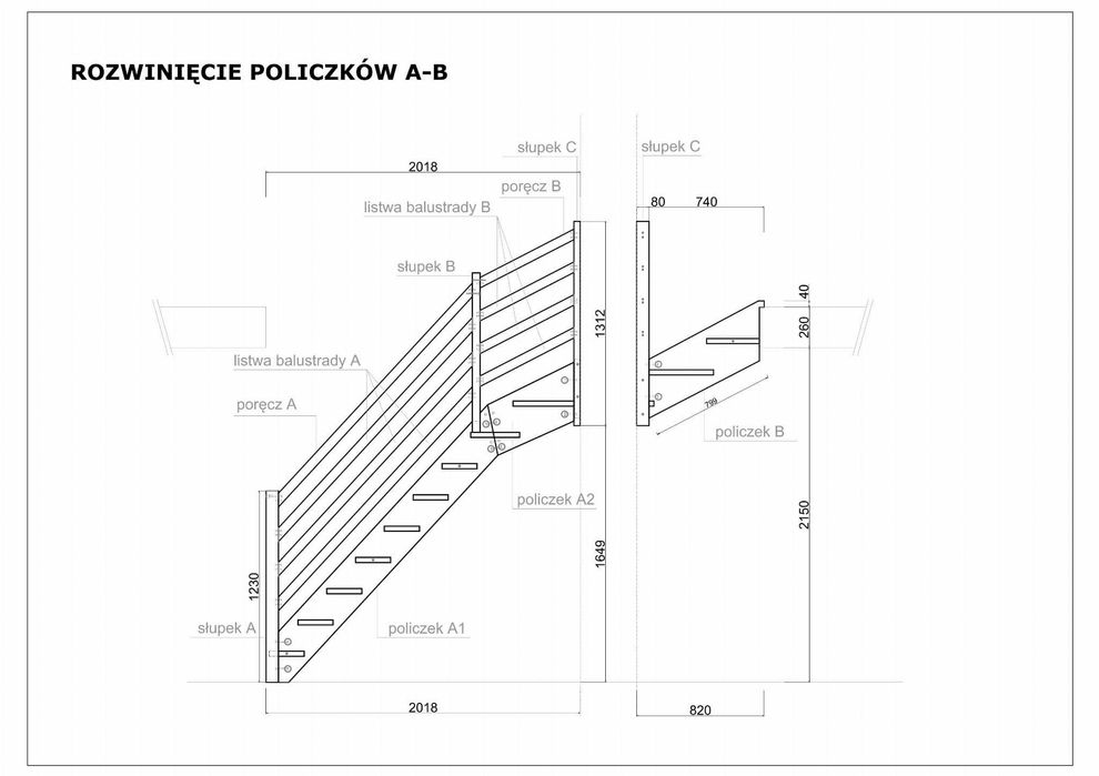 Komplet schodów samonośnych kształt "L"  z barierkami