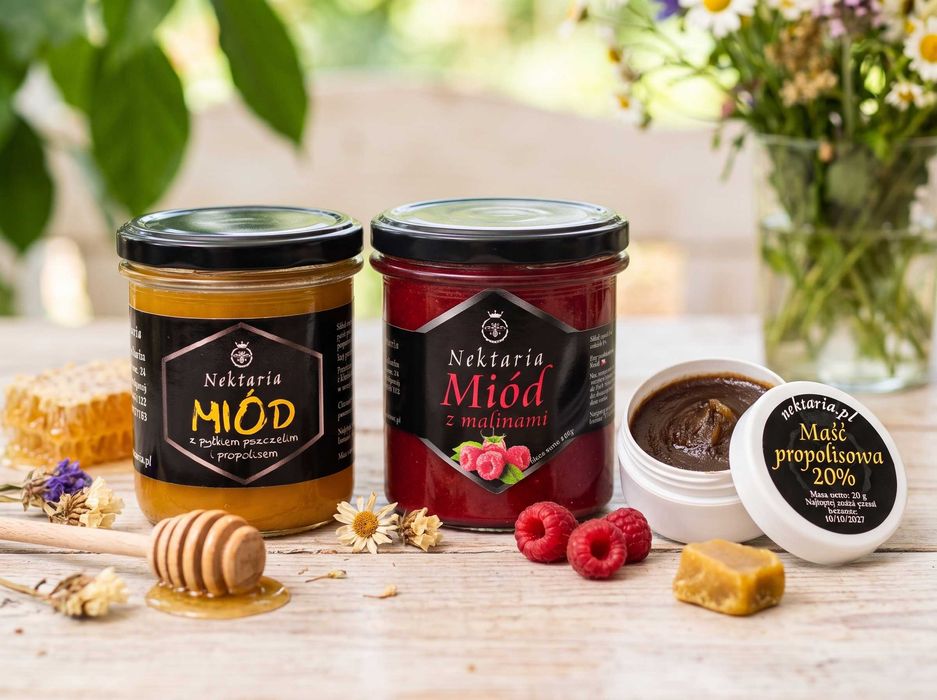miód z malinami 400g, miód z pyłkiem i propolisem 400g, maść propolisowa 20g