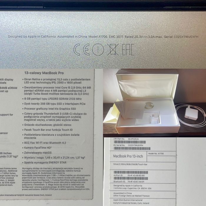 Komplet MacBook Pro 13 TouchBar A1706 i5 3,3GHz/8GB/256GB/466 cykli