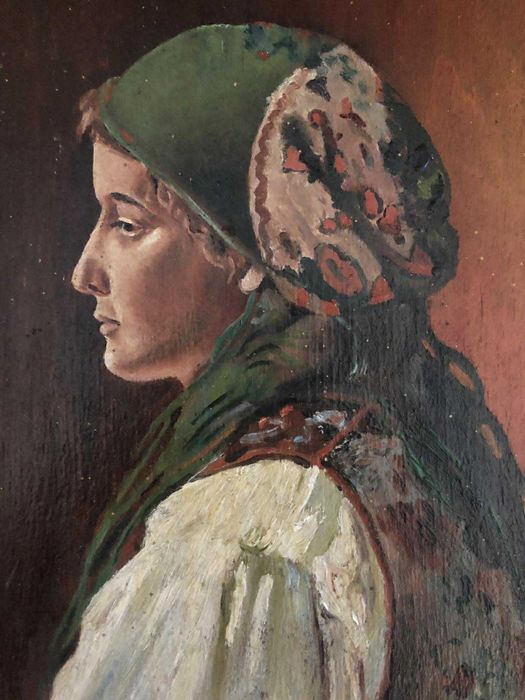 Stary wiekowy obraz. Portret Hucułki. Olej na desce. Oryginalna rama.