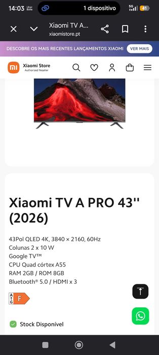 Tv com a tela quebrada,Xiaomi TV A PRO 43" 2026