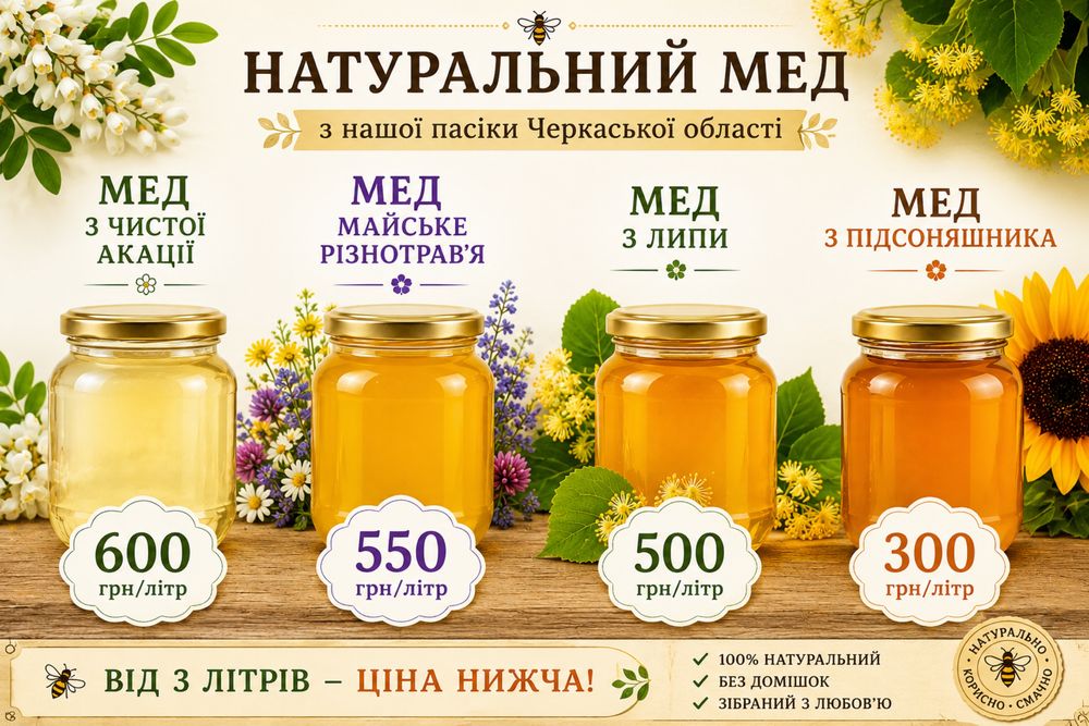 Мед опт та роздріп акація майскій липа соняшник перга