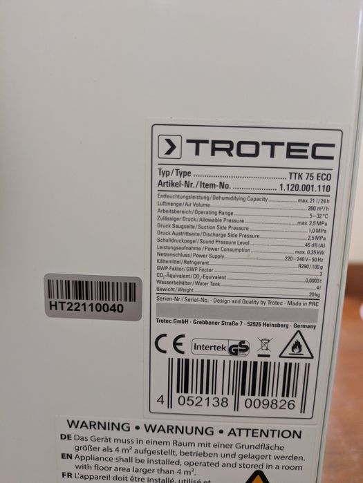 Desumidificador Trotec de TTK 75 Eco