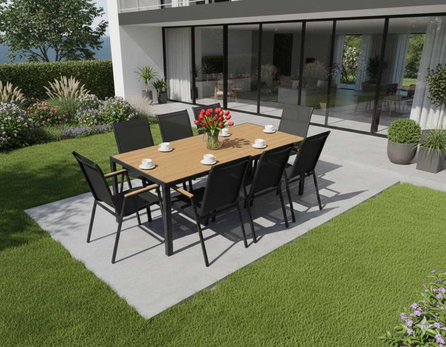 DUŻY Zestaw Mebli Ogrodowych 8 Osób Aluminiowy Stół 190cm + 8 Krzeseł