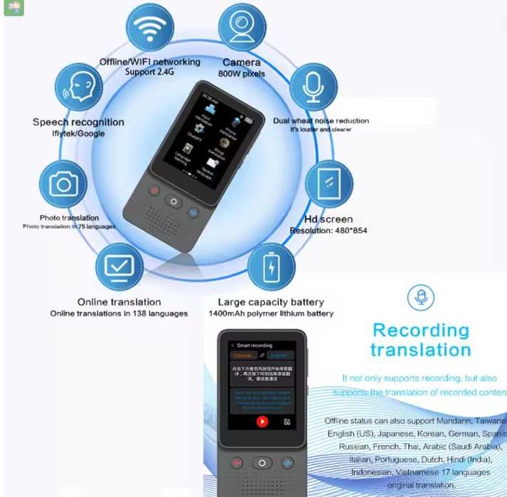 Портативний аудіоперекладач офлайн, 138 мов, T21