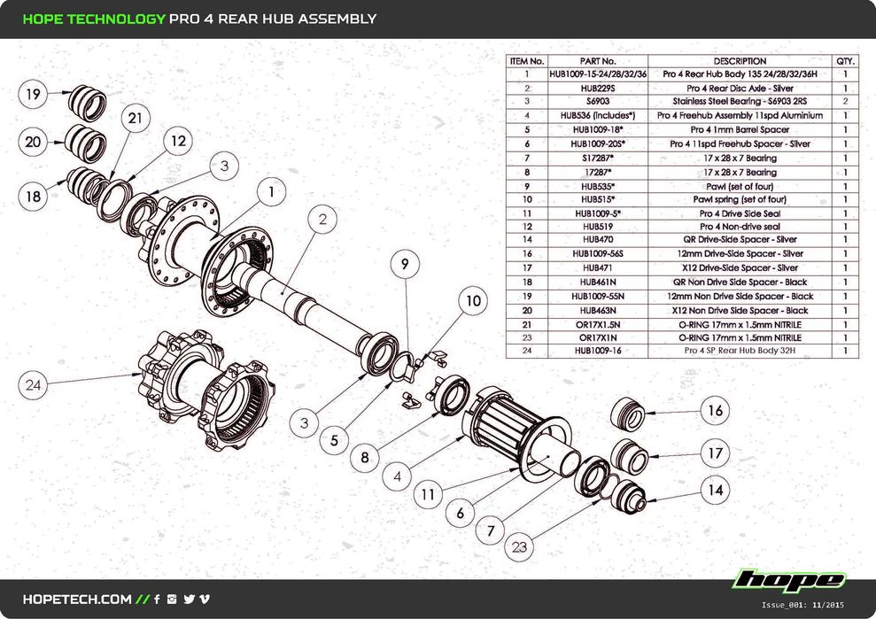 Cubo bicicleta Hope Pro4+cubo livre sobresselente+ferramentas + peças