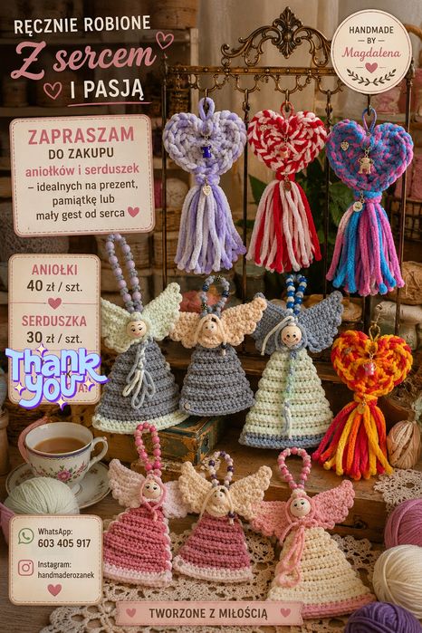 Prace szydełkowe:serduszka,aniołki, zawieszki ,ozdoba na ścianę  indywidualny prezent /prezenty dla gości DOSTAWA GRATIS!