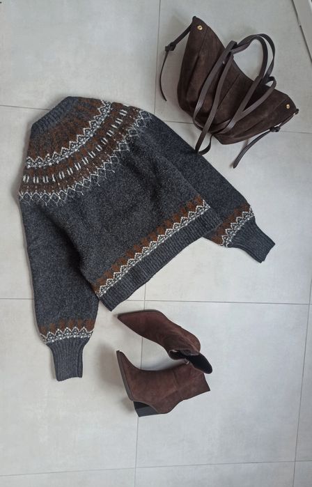 Zara sweter żakardowy grafit s 36 norweski print